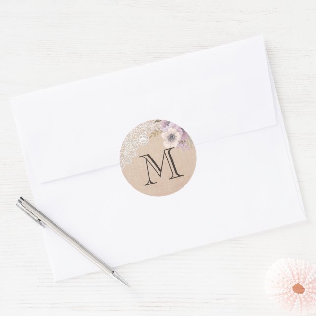 Sticker Rond Monogramme floral rose dentelle Burlap rustique (Enveloppe)