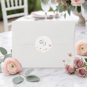 Sticker Rond Monogramme Floral Rose Pâle Minimaliste de Mariage
