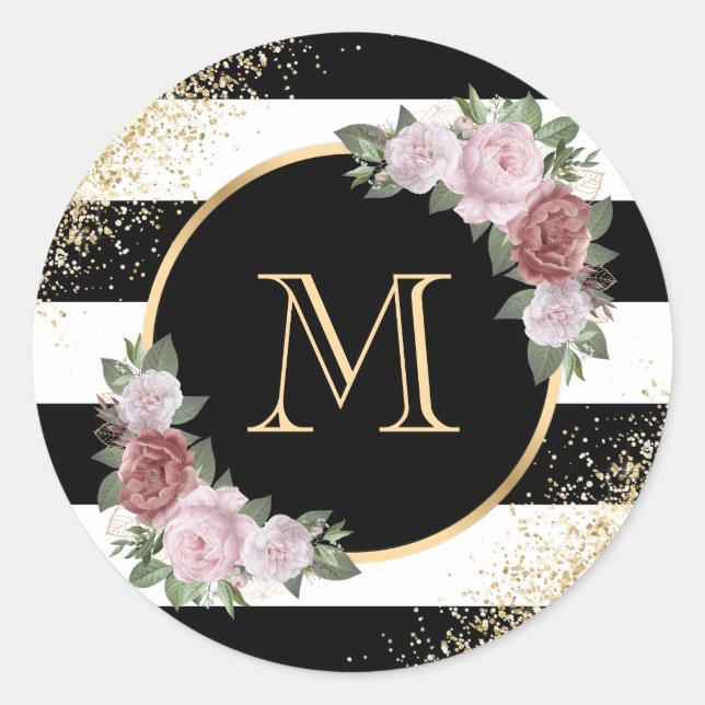 Sticker Rond Monogramme floral rose poudré or blanc personnalis (Devant)