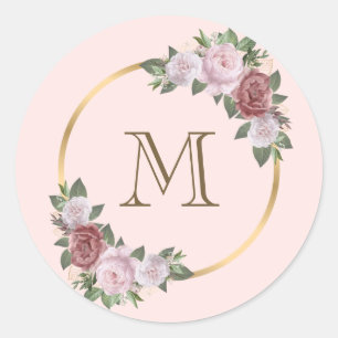 Sticker Rond Monogramme floral rose vif initial