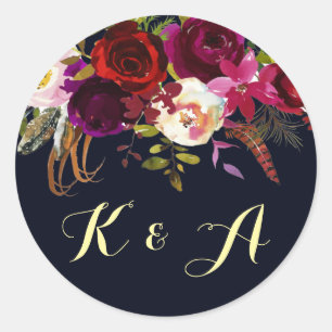 Sticker Rond Monogramme floral rustique Boho de la marine Bourg