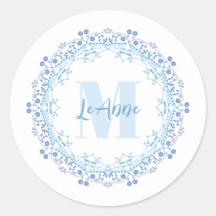 Sticker Rond Monogramme floral simple Élégant Nom initial