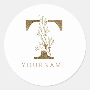Sticker Rond Monogramme floral T Élégant alliage d'or