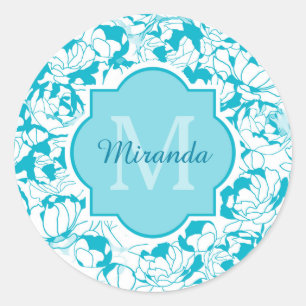 Sticker Rond Monogramme Floral Turquoise Moderne Avec Nom