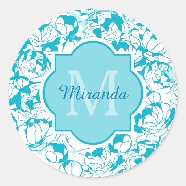 Sticker Rond Monogramme Floral Turquoise Moderne Avec Nom (Devant)