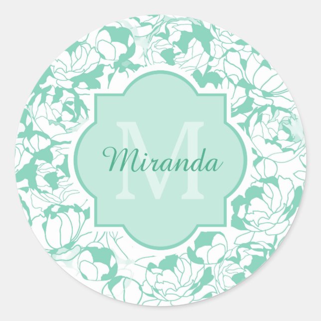Sticker Rond Monogramme Floral Vert Mint Moderne Avec Nom (Devant)