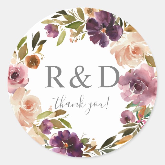Sticker Rond Monogramme floral violet et rose - Rou classique (Devant)