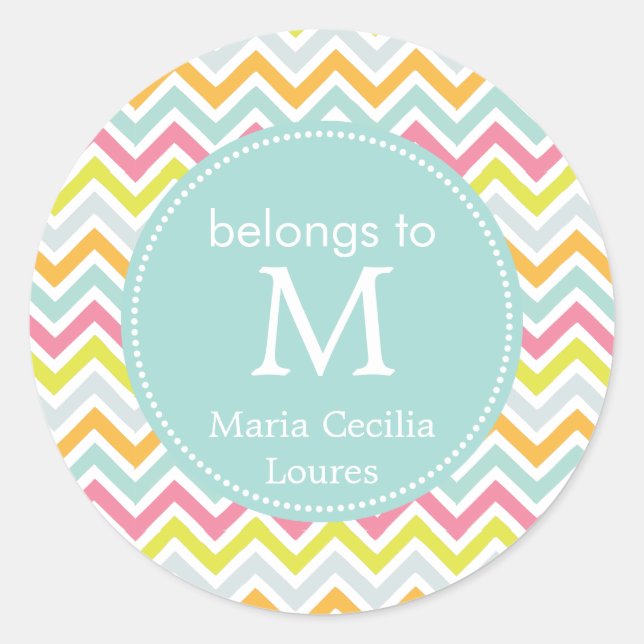 Sticker Rond Monogrammé Girly Chevron Arc-en-ciel moderne (Devant)