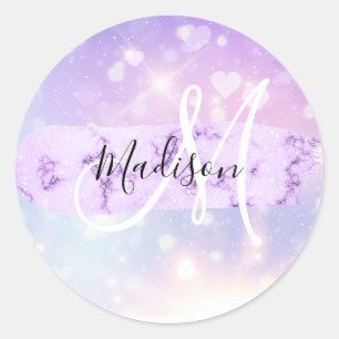 Sticker Rond Monogramme Girly Sparkly Unicorn Rainbow Heart