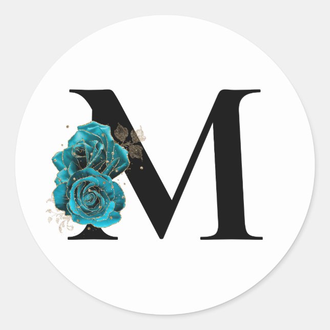 Sticker Rond Monogramme Glam Floral Pailleté Or Sarcelle (Devant)
