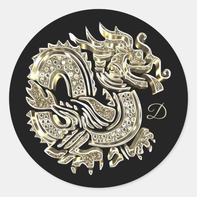 Sticker Rond Monogramme Golden Dragon Logo Élégant (Devant)