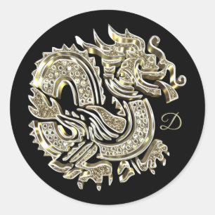 Sticker Rond Monogramme Golden Dragon Logo Élégant