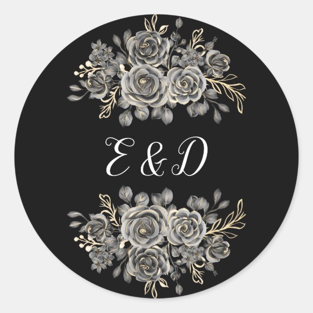 Sticker Rond Monogramme Gothique Floral Rose Noir Et Blanc (Devant)