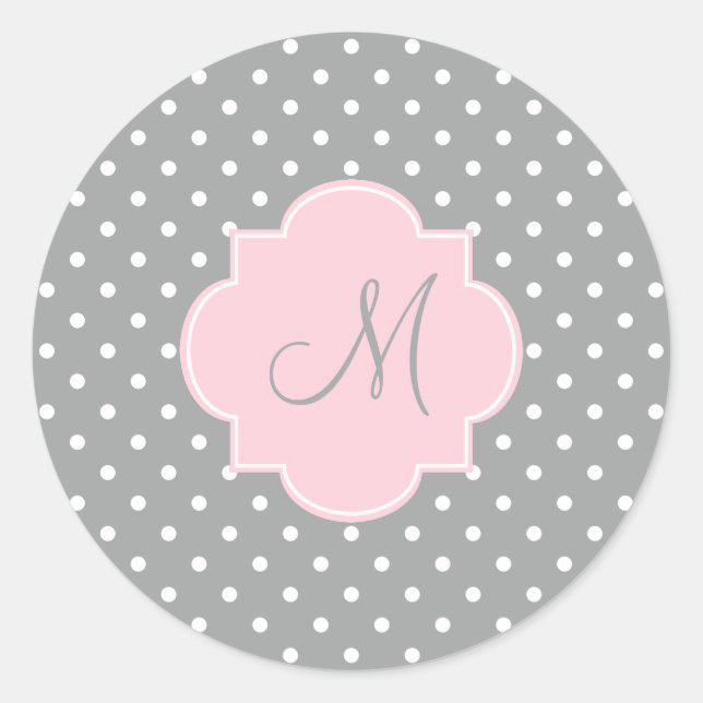 Sticker Rond Monogramme Gris, Blanc et Pastel Pink Polka Dot (Devant)