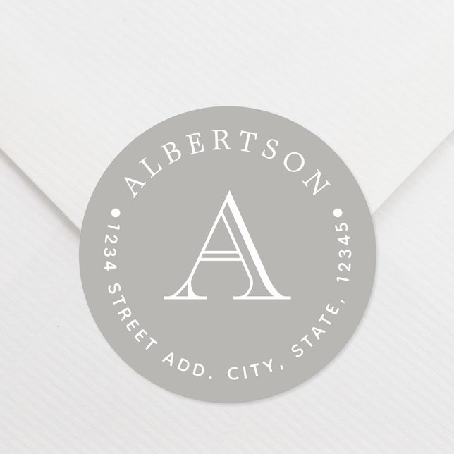 Sticker Rond Monogramme gris classique Nom de famille Adresse d (Créateur téléchargé)
