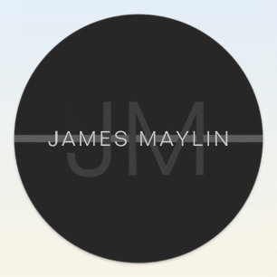 Sticker Rond Monogramme gris foncé, nom et rayure géométrique