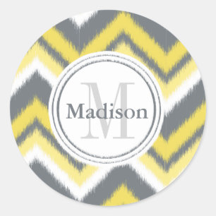Sticker Rond Monogramme gris jaune Ikat Chevron Motif