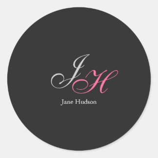 Sticker Rond Monogramme gris noir Nom Lettres initiales Script