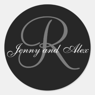 Sticker Rond Monogramme gris noir ou nom de la mariée Mariage
