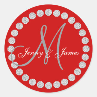 Sticker Rond Monogramme gris rouge Noms Mariage Faveur Étiquett