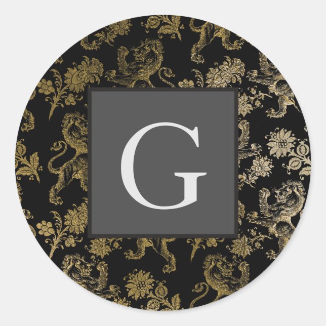 Sticker Rond Monogramme Groomsmen Best Man Black Gold Lion Dama (Devant)