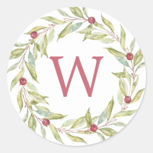 Sticker Rond Monogramme Hiver Verdure Feuilles Berries Noël