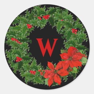 Sticker Rond Monogramme Holly Wreath Noël en noir
