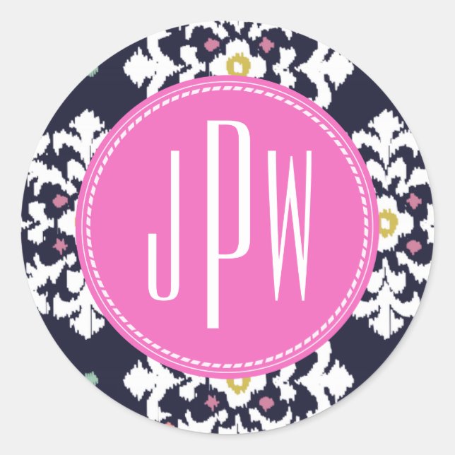 Sticker Rond Monogramme Ikat et rose (Devant)