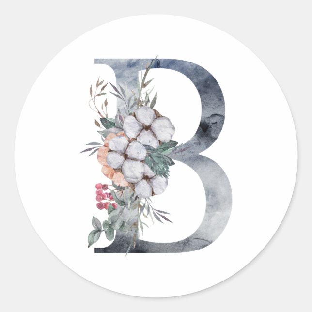 Sticker Rond Monogramme Initial B Floral Bleu (Devant)