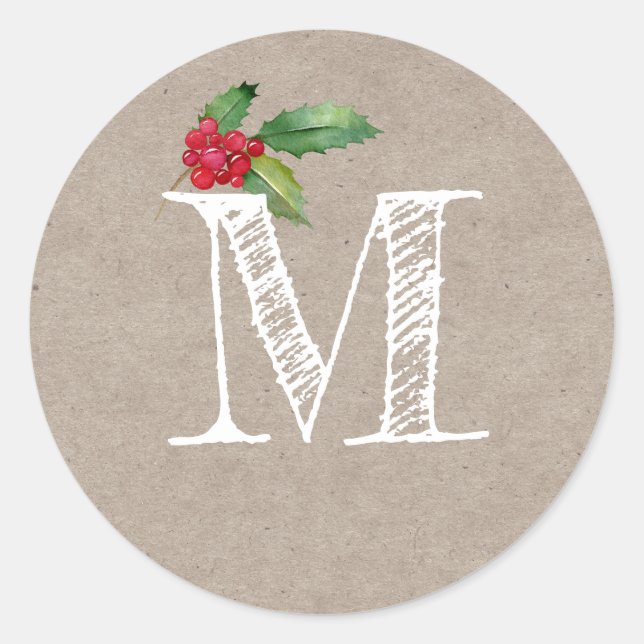 Sticker Rond Monogramme Initial de Noël en Kraft Rustique (Devant)