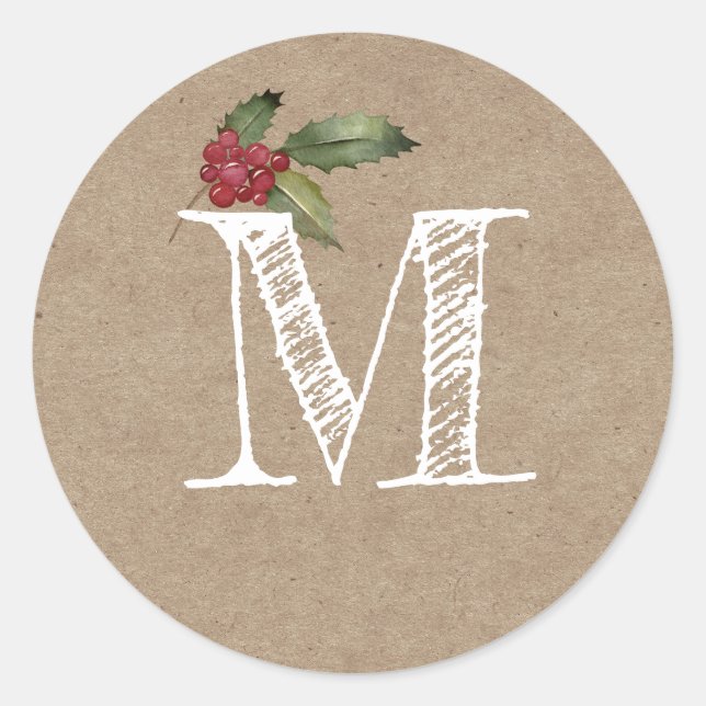 Sticker Rond Monogramme Initial de Noël en Kraft Rustique (Devant)