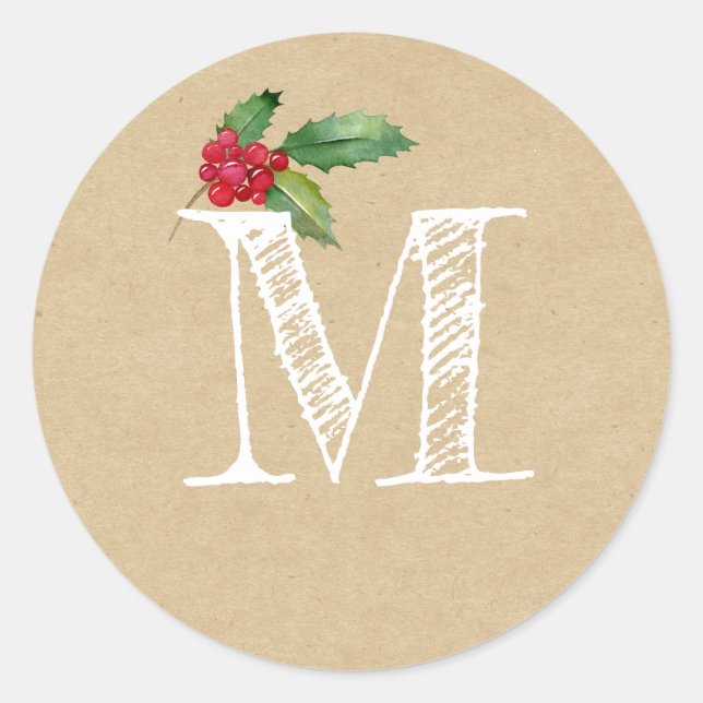 Sticker Rond Monogramme Initial de Noël Rustique Kraft en Houx (Devant)