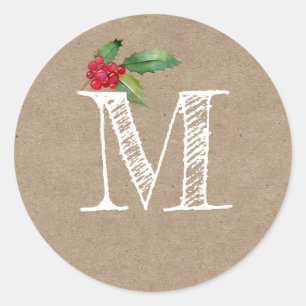 Sticker Rond Monogramme Initial de Noël Rustique Kraft en Houx