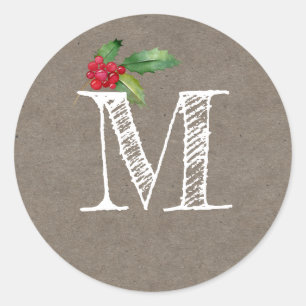 Sticker Rond Monogramme Initial de Noël Rustique Kraft en Houx