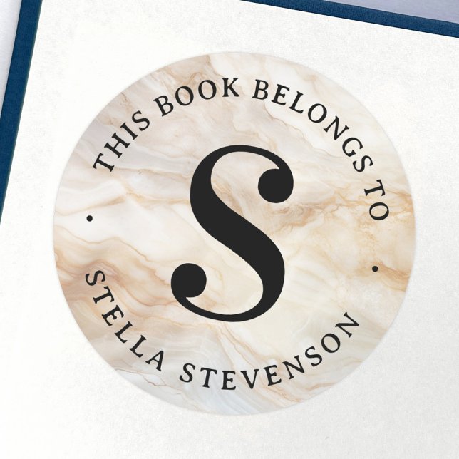 Sticker Rond Monogramme initial élégante bibliothèque en marbre (Monogram initial elegant marble library book label)
