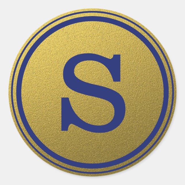 Sticker Rond Monogramme Initial En Glitter Bleu Royal Et Or (Devant)