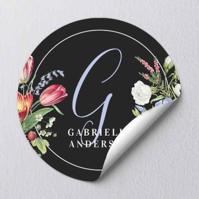 Sticker Rond Monogramme Initial Floral Fleurs Sauvages Noir Chi (Créateur téléchargé)