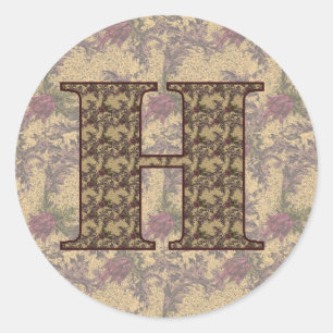 Sticker Rond Monogramme Initial H Élégant Floral Vintage
