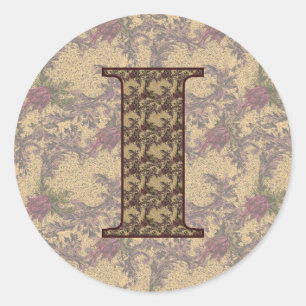 Sticker Rond Monogramme Initial I Élégant Floral Vintage
