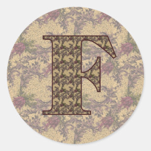 Sticker Rond Monogramme Initiale F Élégant Floral Vintage