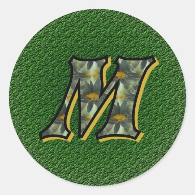 Sticker Rond Monogramme Initiale M Art Floral Marguerite (Devant)