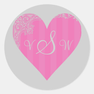 Sticker Rond Monogramme/Initiales - Coeur victorien rose et gri