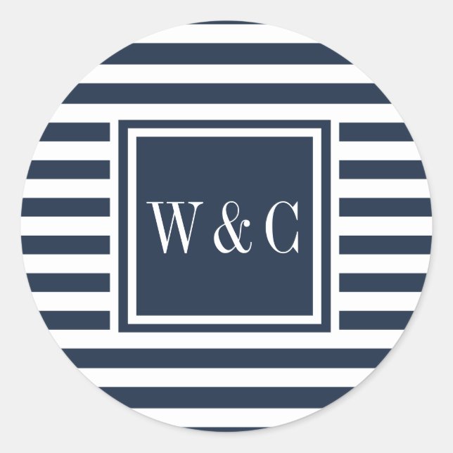 Sticker Rond Monogramme Initiales Moderne Bleu Marine Rayure Bl (Devant)