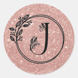 Sticker Rond Monogramme J Rose Gold Blush Pink Parties scintill