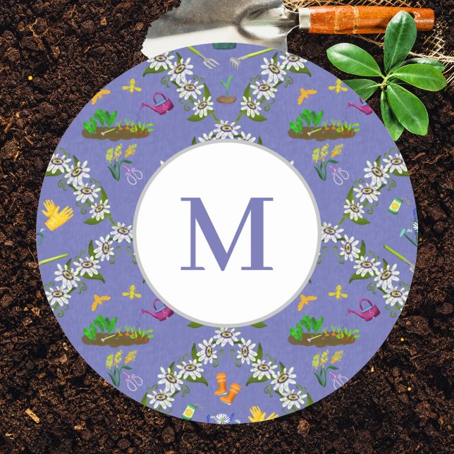 Sticker Rond Monogramme Jardin Damask Violet Motif (Créateur téléchargé)
