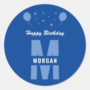 Sticker Rond Monogramme Joyeux Anniversaire Tout Âge Bleu Et Bl