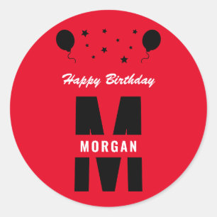 Sticker Rond Monogramme Joyeux Anniversaire Tout Âge Rouge Noir