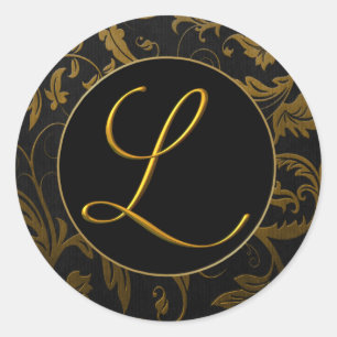 Sticker Rond Monogramme L Gold et Black Mariage damassé Seal