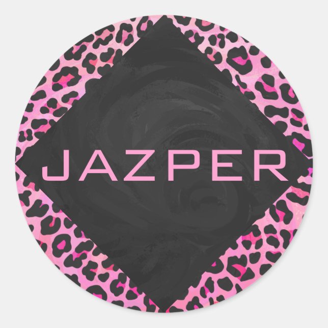Sticker Rond Monogramme Leopard noir et rose chaud (Devant)