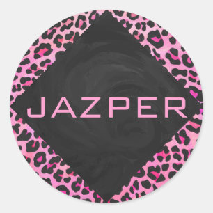 Sticker Rond Monogramme Leopard noir et rose chaud